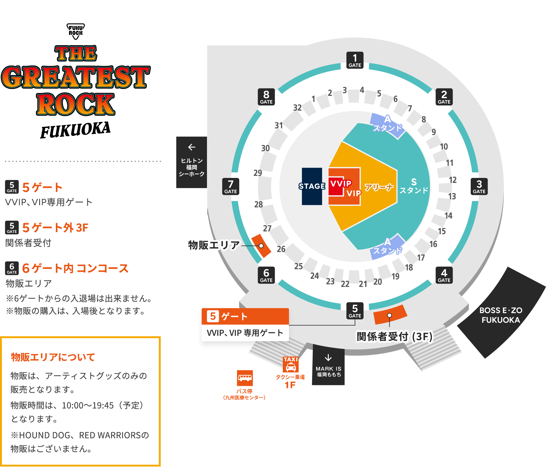 THE GREATEST ROCK FUKUOKAのエリアマップ。会場は円形になっている。ゲートは「1GATE」から「8GATE」まで8つあり、12時の方向から時計回りに等間隔で配置されている。ゲートの外周には関連施設などの位置が表示されている。「4GATE」の外側には「BOSS E・ZO FUKUOKA」、「4GATE」と「5GATE」の間に1階へ降りる階段と関係者受付（3F）がある。「5GATE」から「6GATE」の間には「MARK IS 福岡ももち」への方向を示す矢印と、1階へ降りる階段があり、階段のところにはタクシー乗り場とバス停（九州医療センター）が表示されている。「6GATE」から「7GATE」の間に物販エリア、「7GATE」のところには「ヒルトン福岡シーホーク」への方向を示す矢印が表示されている。ゲートの内周には、11時の方向から時計回りに1から32まで通路番号が振られている。会場の中央には、ステージとスタンド席の区分けが表示されている。9時の方向に「STAGE」があり、「STAGE」に接した3時の方向にVVIPのエリアがあり、VVIPを囲むようにVIPのエリアがある。VVIP・VIPエリアを囲むようにアリーナエリアがあり、さらにアリーナエリアの外側にスタンドエリアがある。スタンドエリアの両脇、1時と5時の方向それぞれにSスタンドエリアが用意されている。5ゲートはVVIP、VIP専用ゲート。5ゲート外3Fが関係者受付。6ゲート内コンコースが物販エリア（※6ゲートからの入退場は不可。物販の購入は入場後となる）。